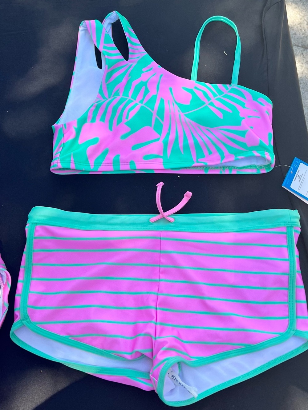3 piece DSG Pink & Teal One-Shoulder Kids Bikini Set